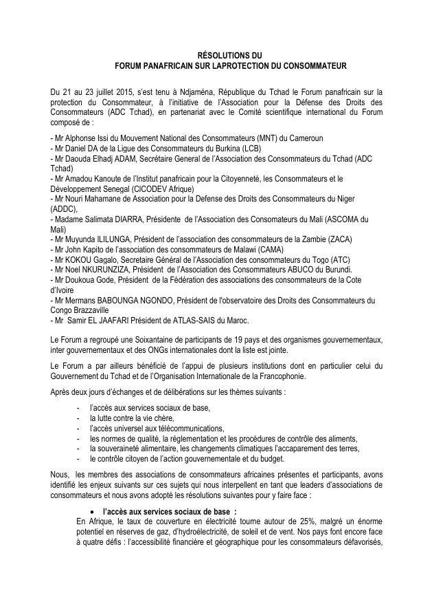 Résolutions forum N'Djaména 2015