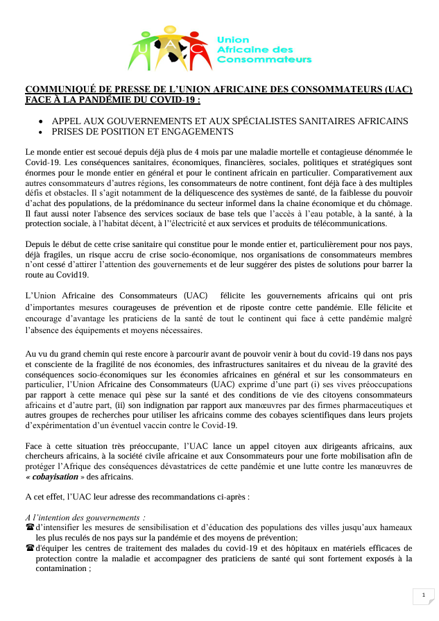 Communiqué OAC COVID-19